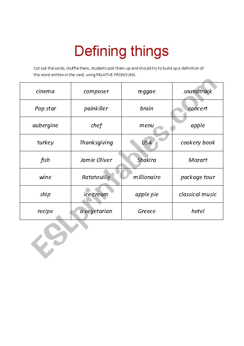 Defining Things worksheet