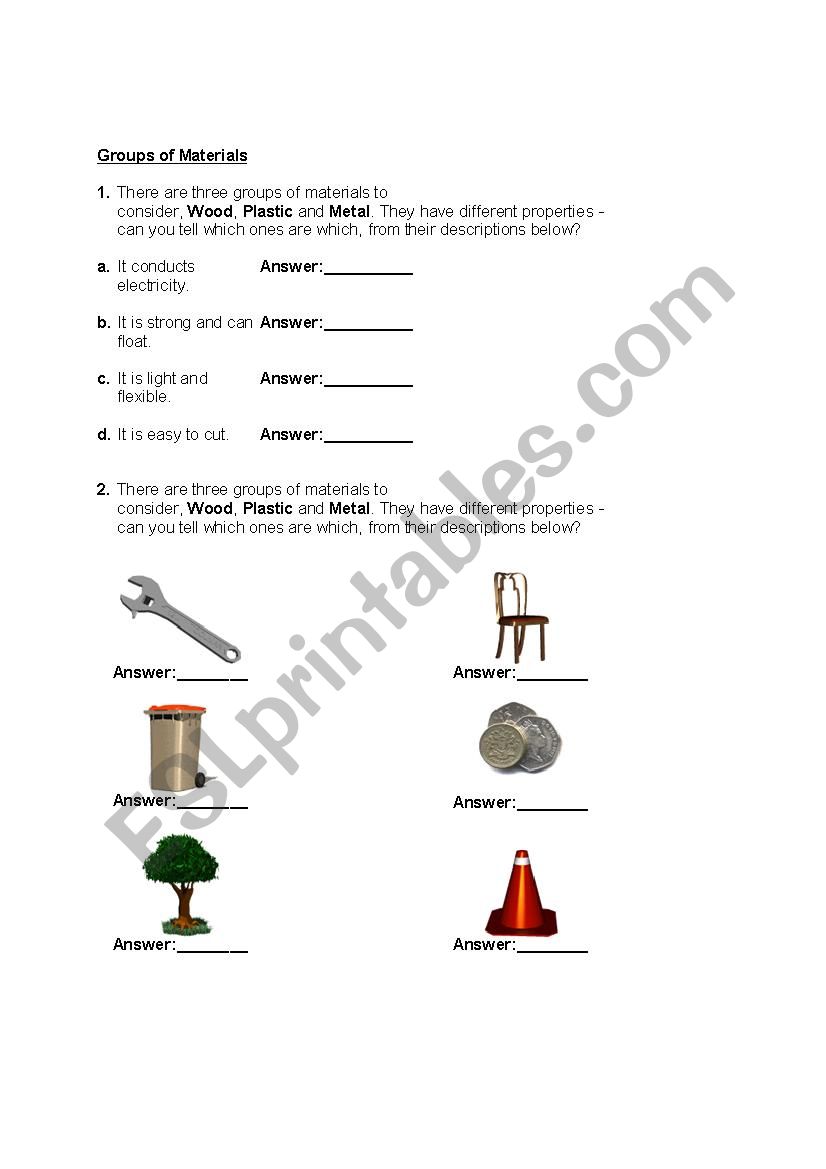 Group of materials worksheet