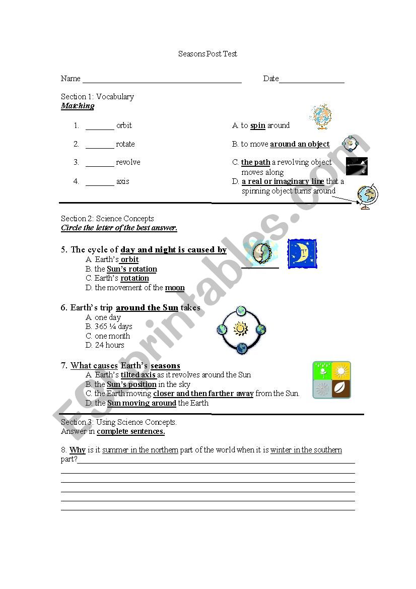 Seasons of the Year Post Test worksheet