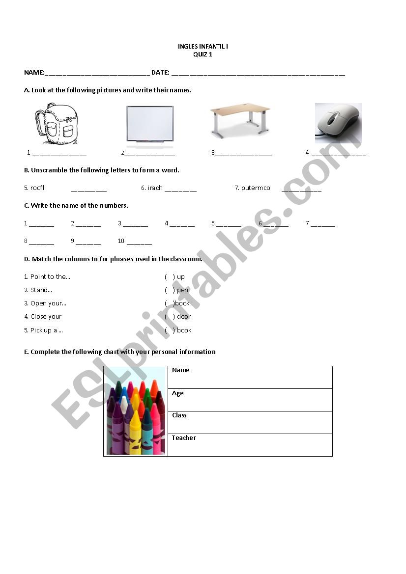 Classroom objects, numbers, commands