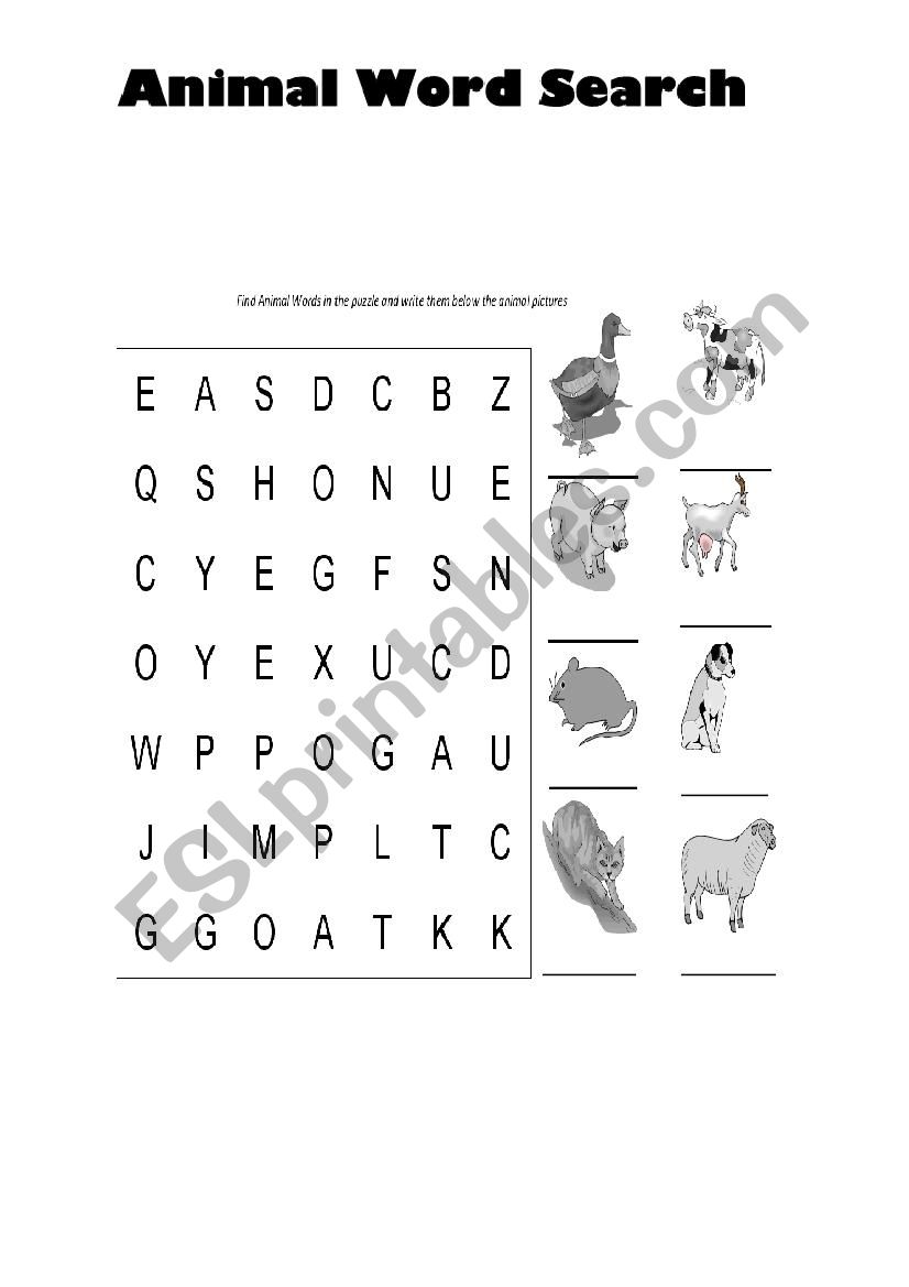 Animal Word Search ESL Worksheet By Icarus88888