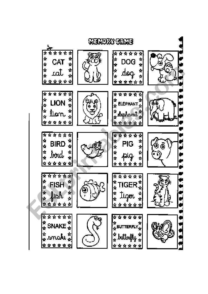 Memory cards animals worksheet