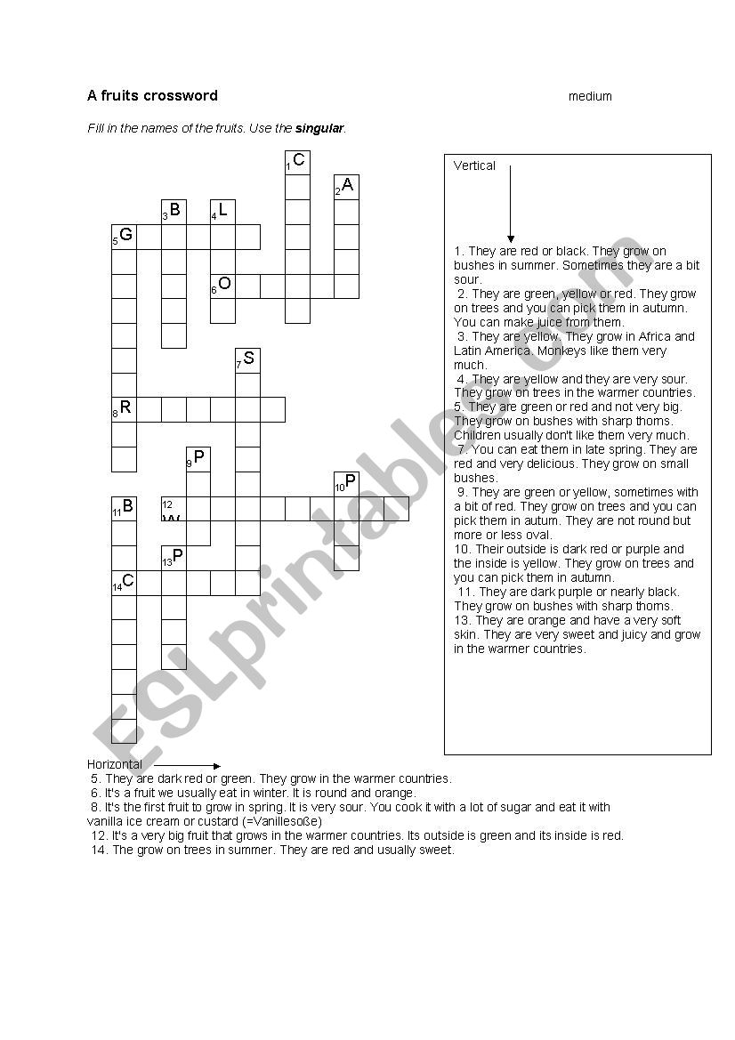  A fruits crossword worksheet