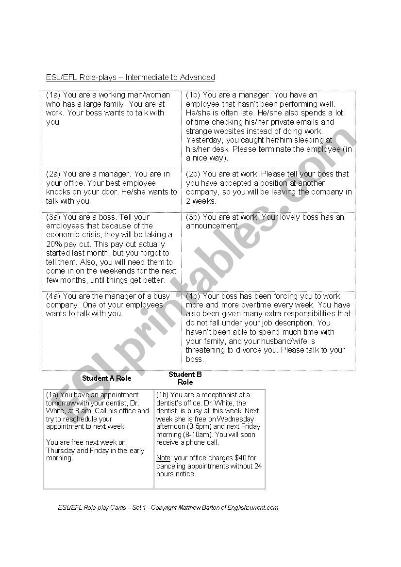 Roleplaying Cards worksheet