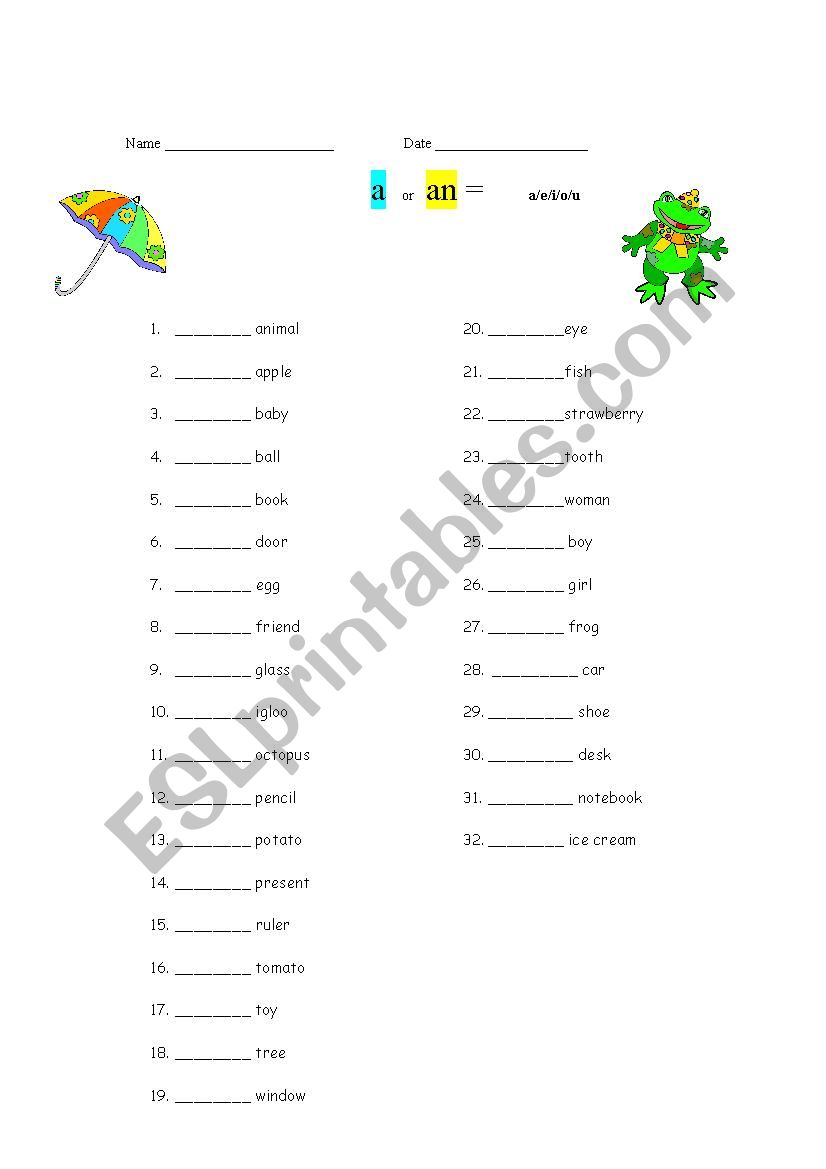 articles (a, an) worksheet