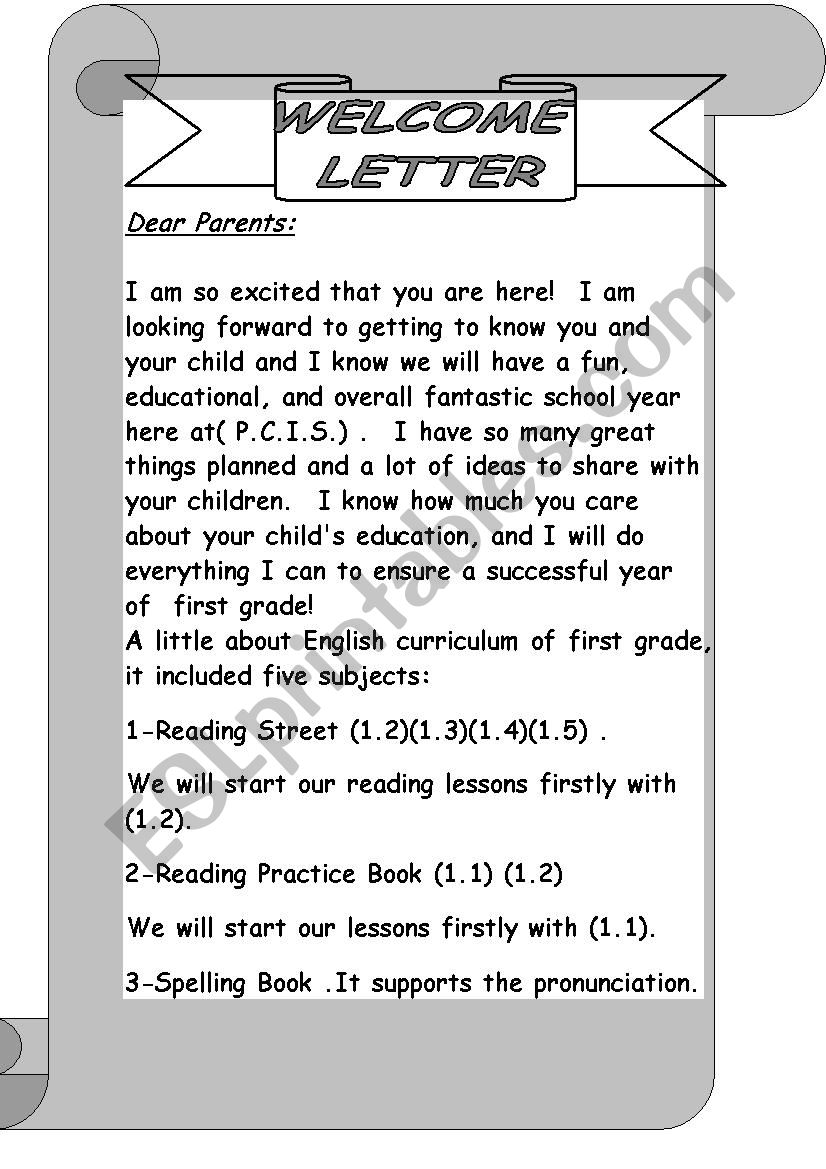 WELCOME LETTER worksheet