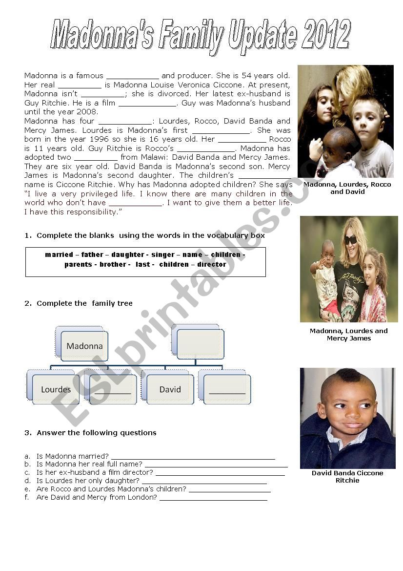 Madonna´s Family Update 2012 - ESL worksheet by Cris M
