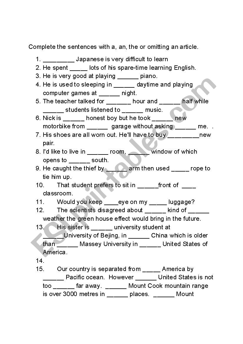 Use Of Articles Esl Worksheet By Miiboun