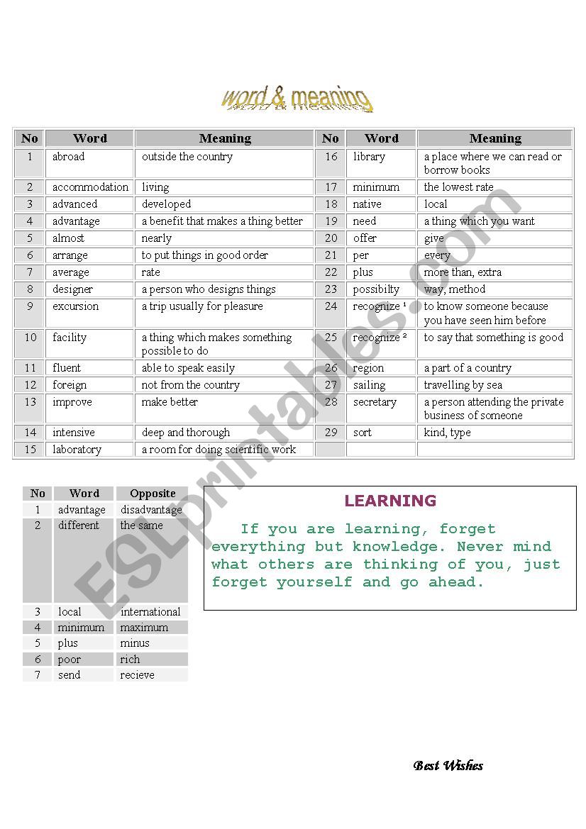 word & its meaning worksheet