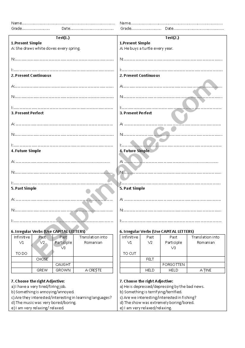 Test - Tenses; Adjectives worksheet