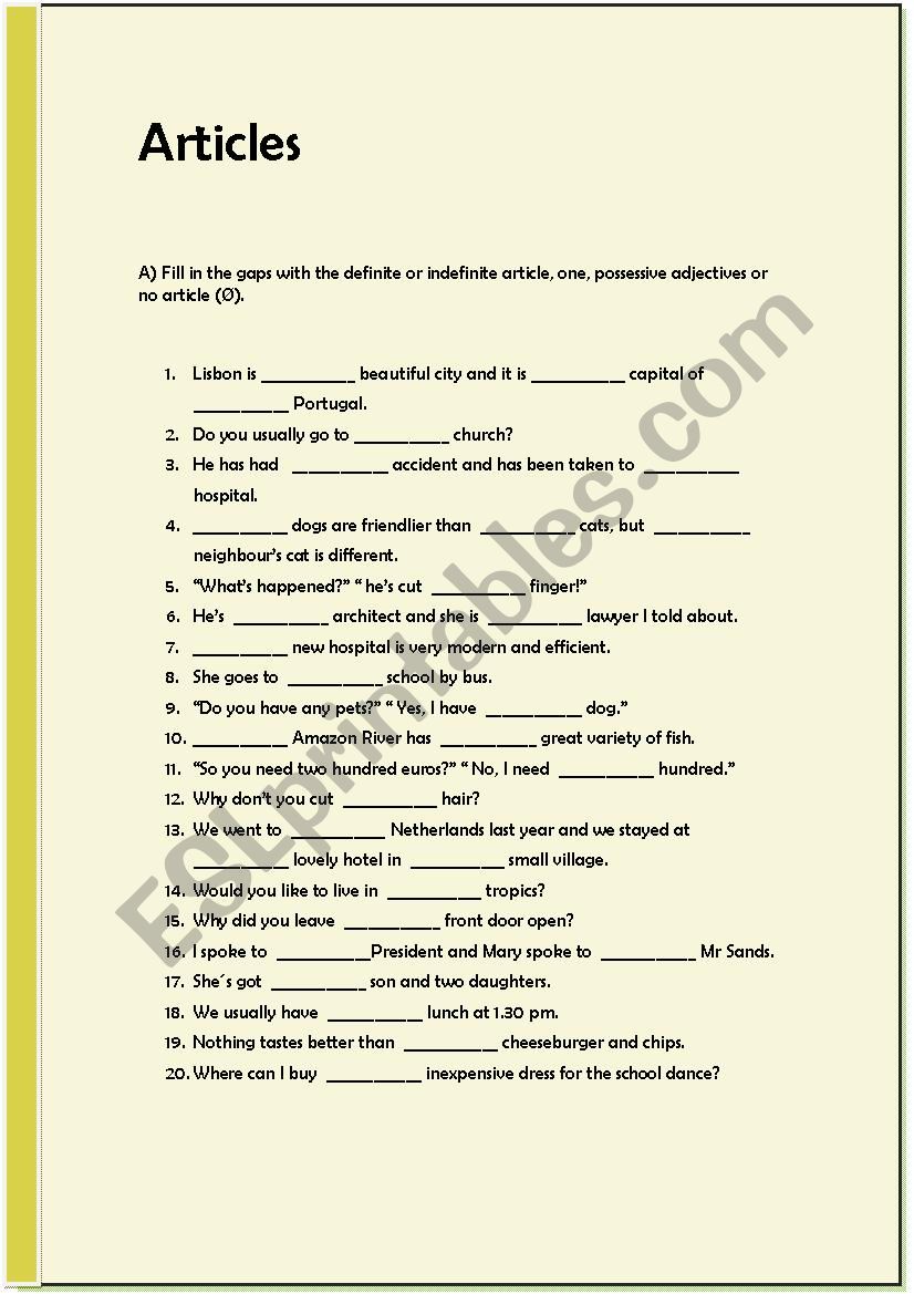 Articles worksheet