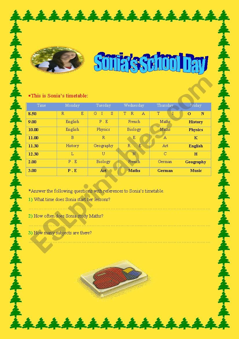Sonias School Day worksheet