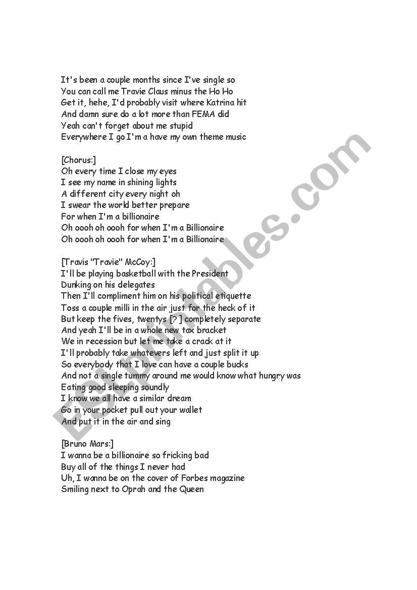 Bruno Mars Song Billionaire Esl Worksheet By Brigittebbb