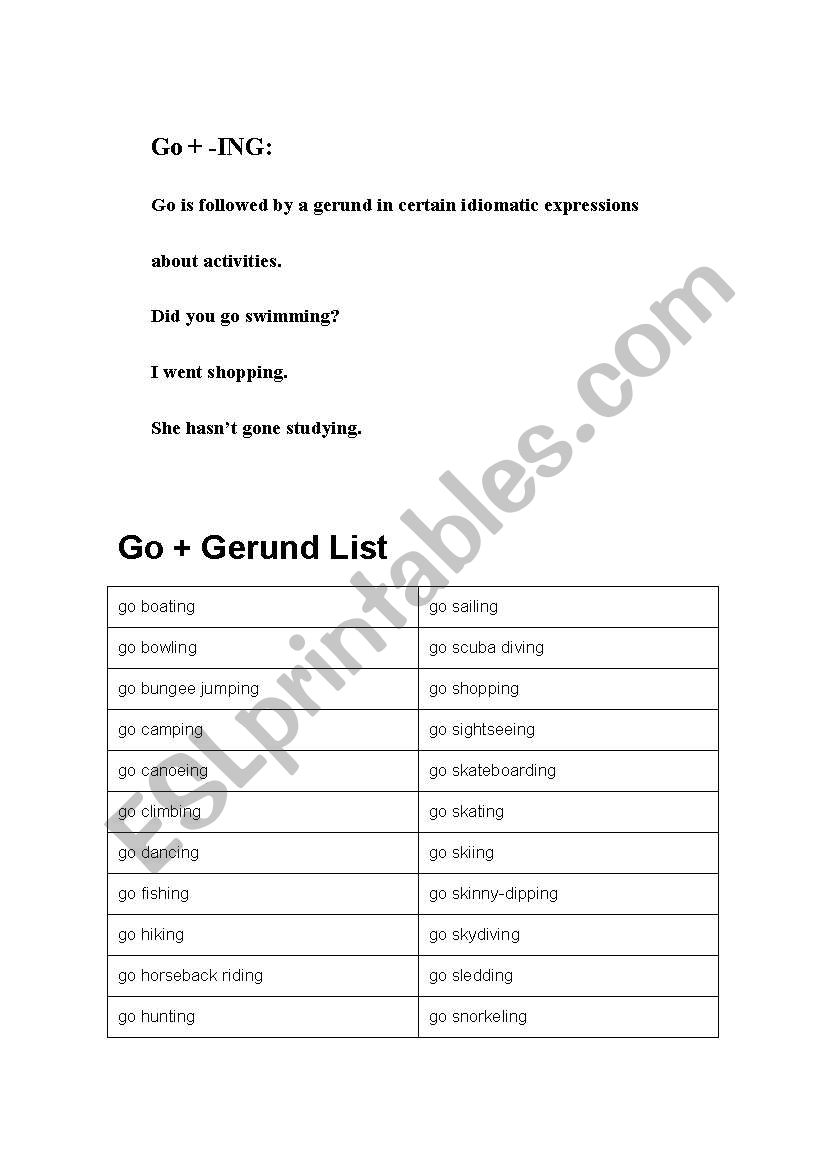 verb to  go + gerund worksheet