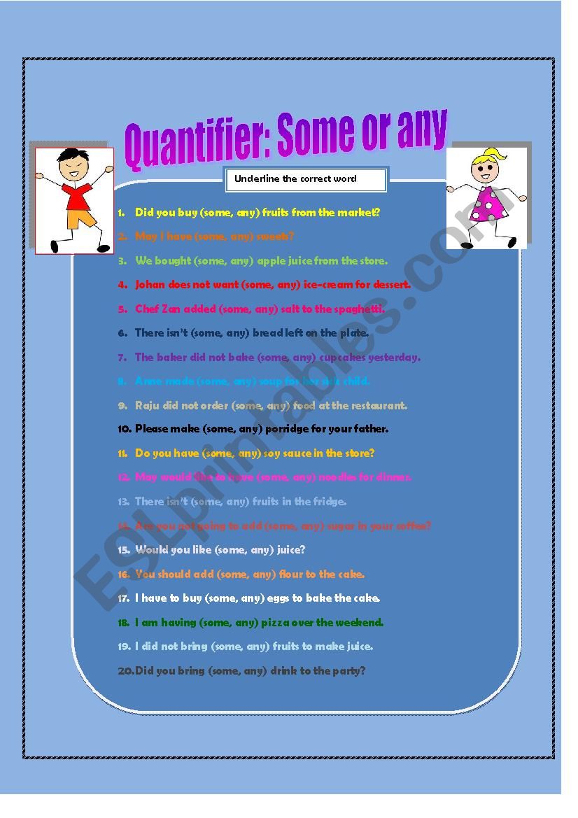 Quantifier Someany Esl Worksheet By 8noreennur