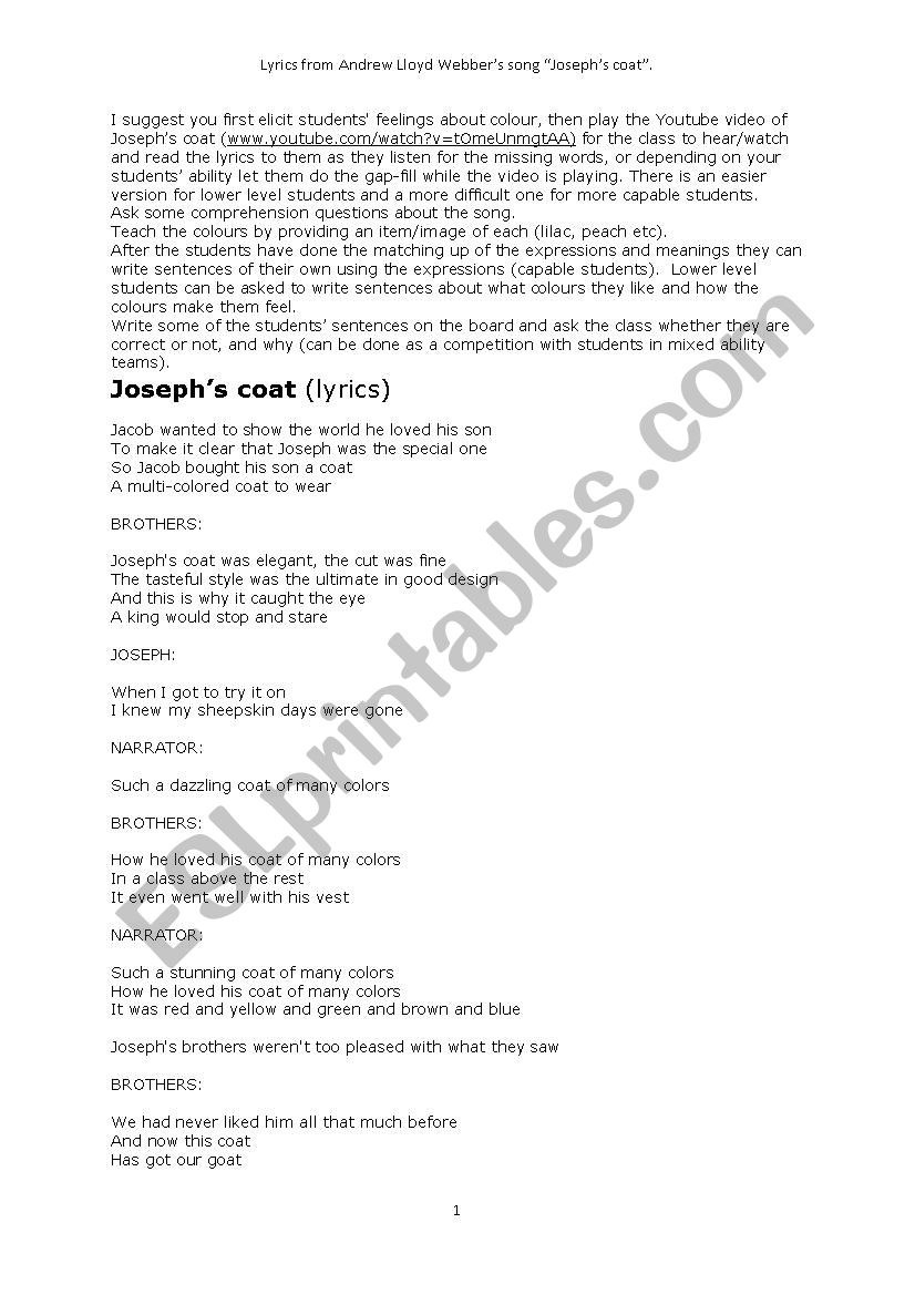 Lyrics for store joseph's coat