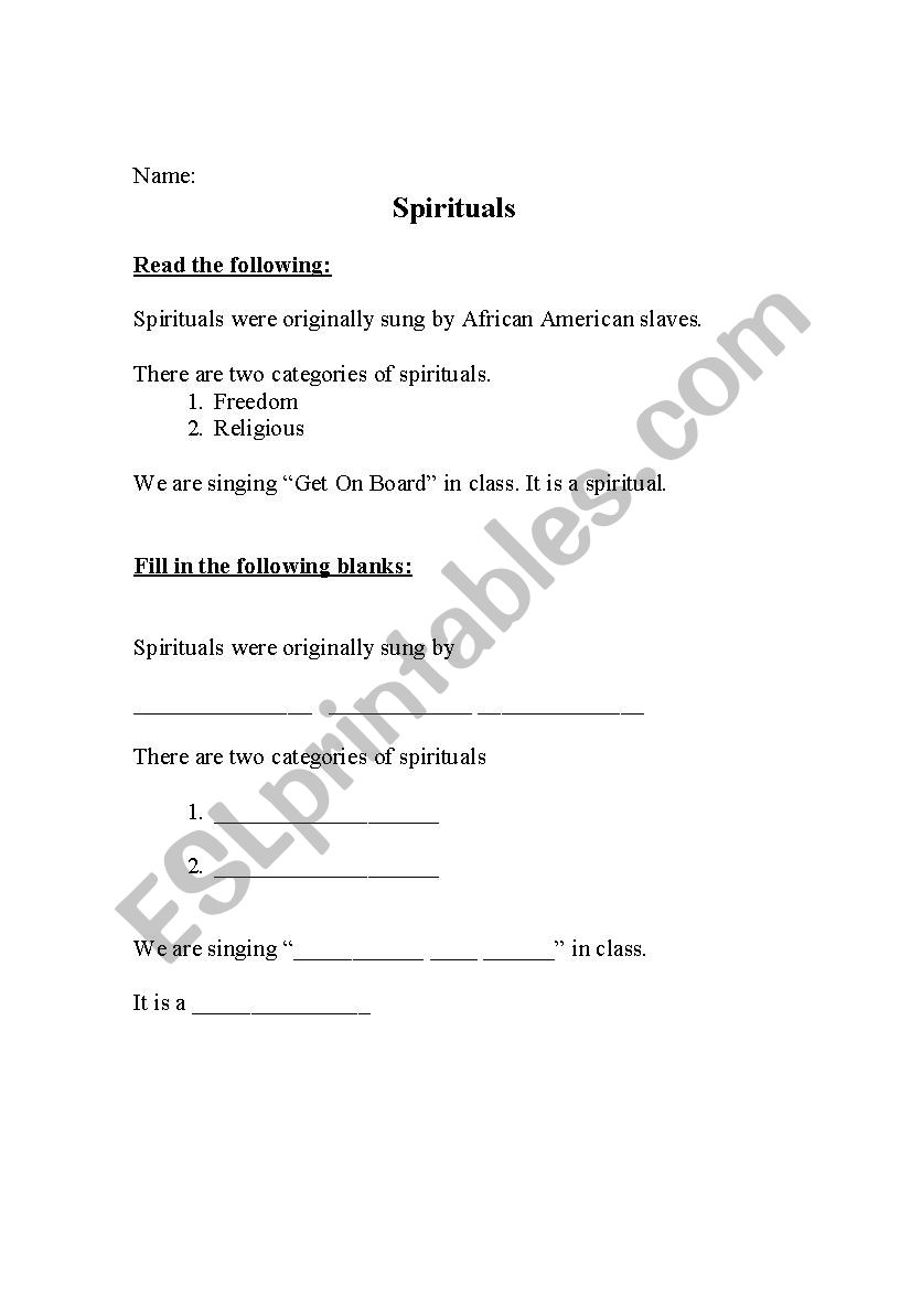 African American Spiritual Beginning Worksheet