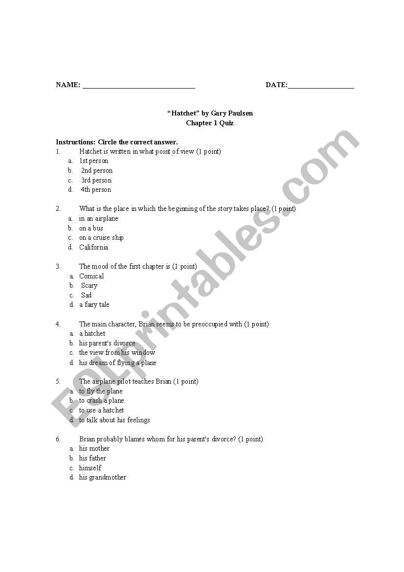 Hatchet Quiz Chapter 1 worksheet