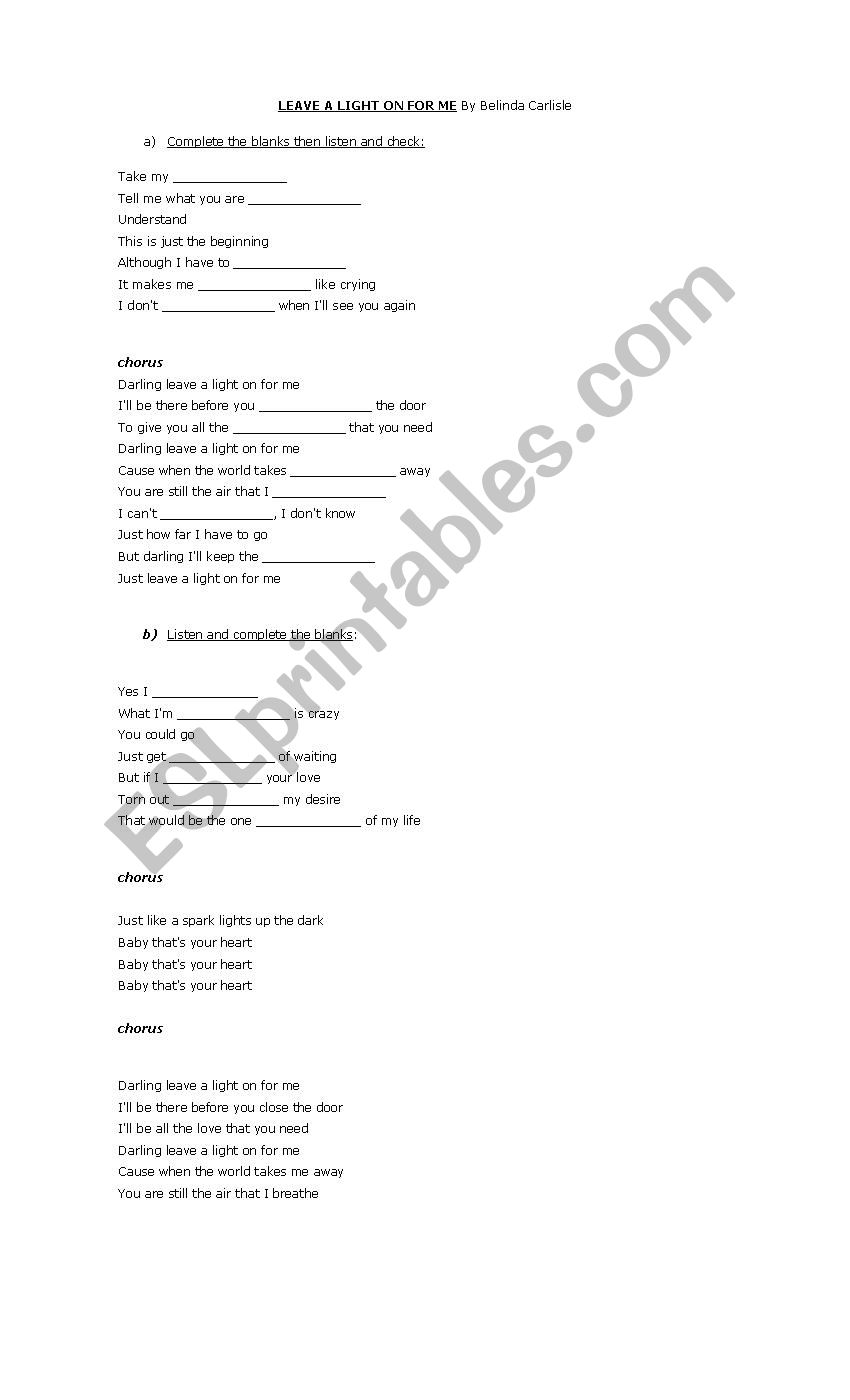 Belinda Carslisle Song worksheet