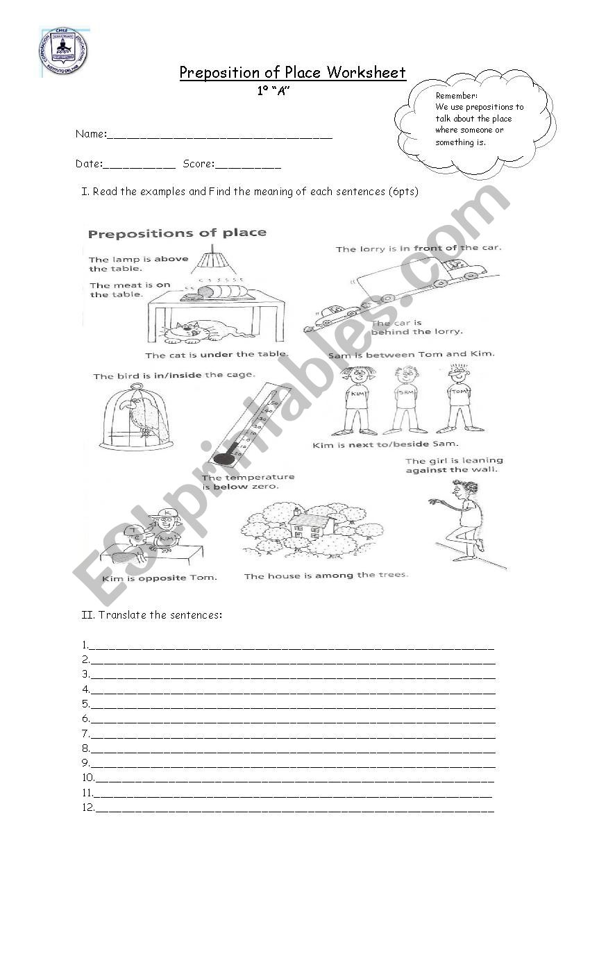 Preposition of place  worksheet