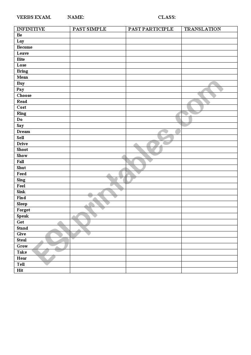 irregular verb grid - ESL worksheet by faitanarenglish22