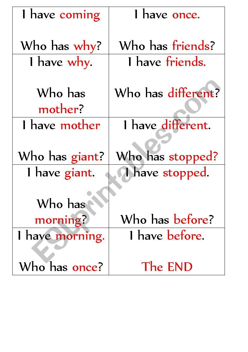 Frequent Words Loop Cards worksheet