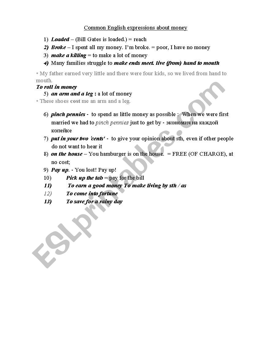 Money expressions worksheet