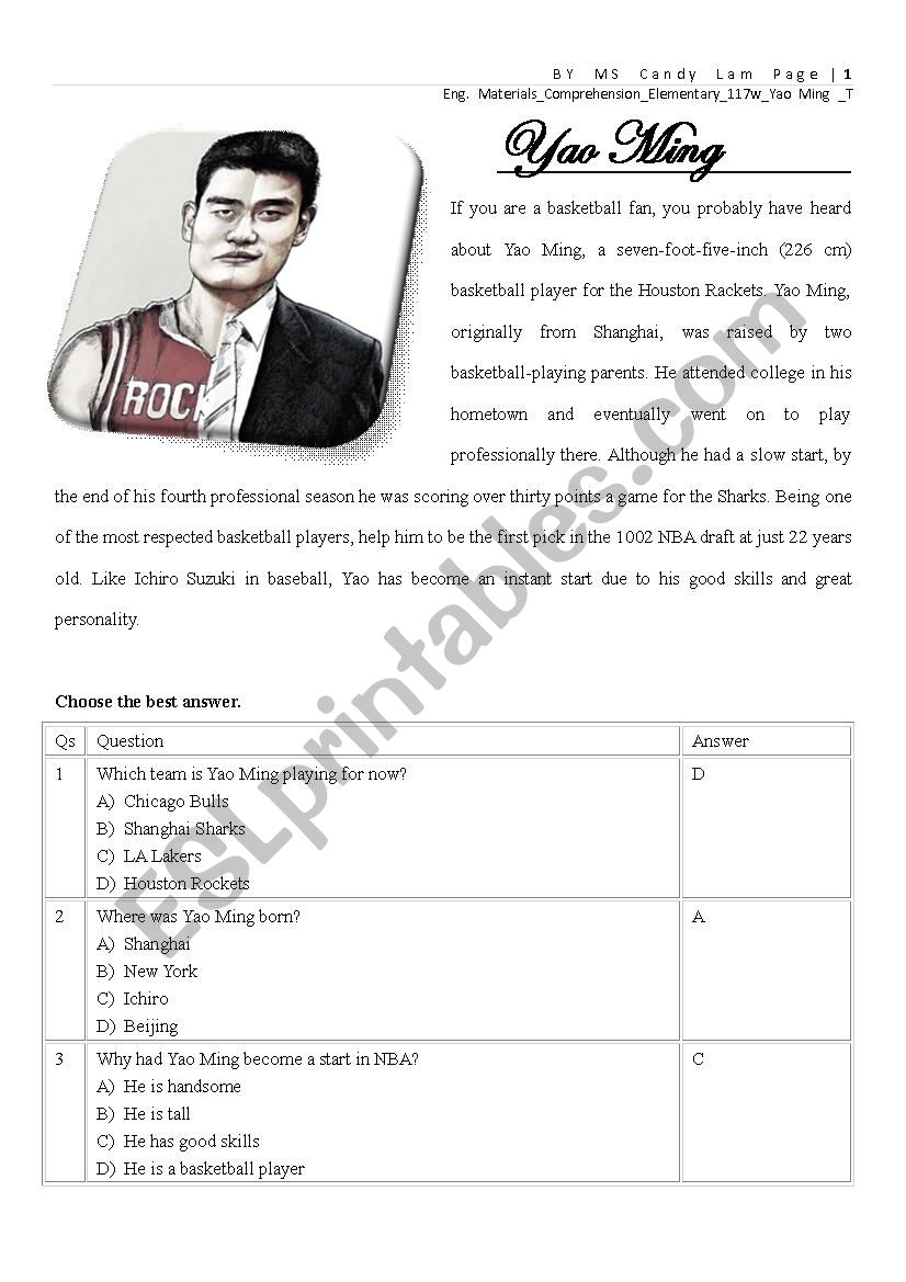 Yao Ming worksheet
