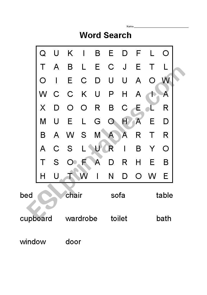 English Worksheets Furniture Word Search