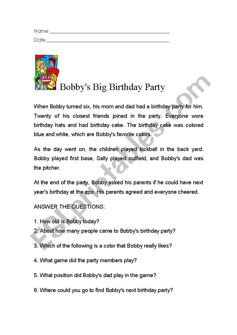 BOBBYS BIG BIRTHDAY PARTY worksheet