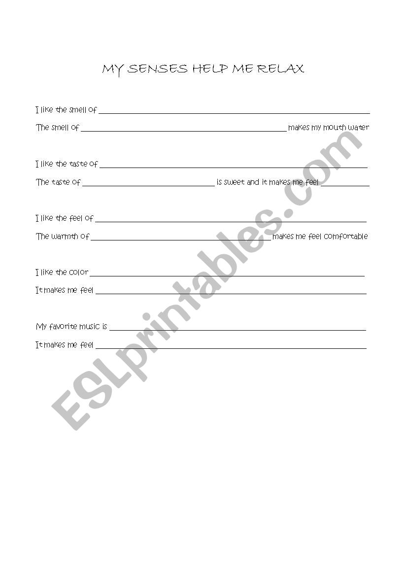 My senses to relax worksheet