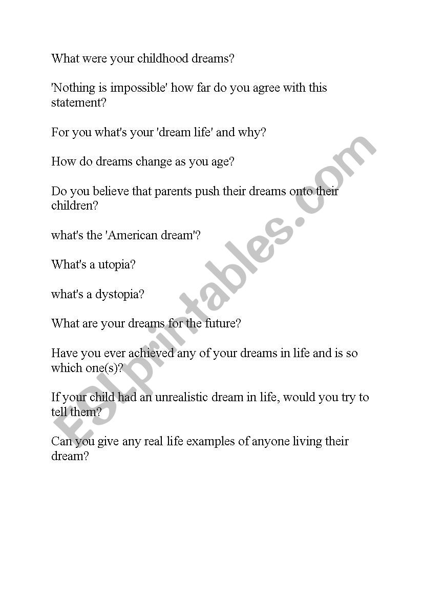 dreams discussion/speaking worksheet