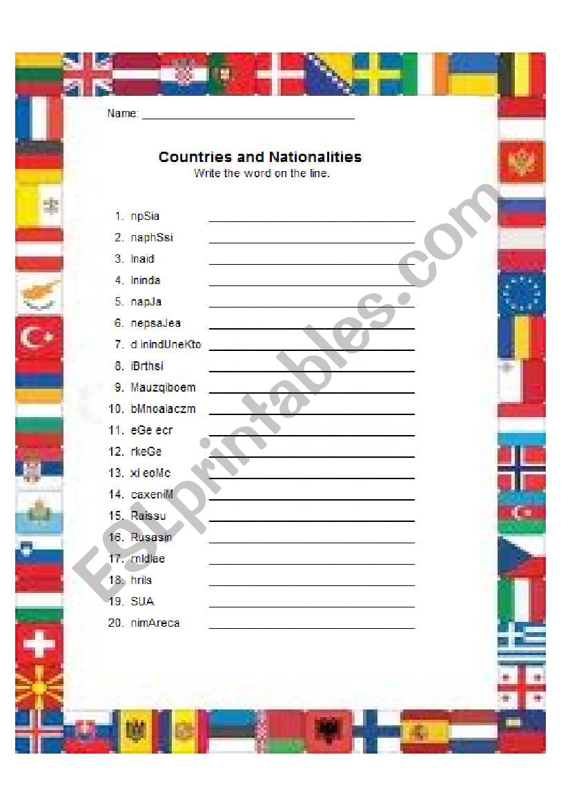 Countries and Nationalities worksheet