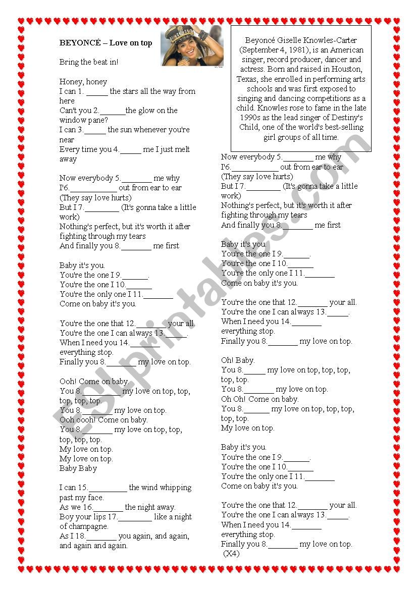 Beyoncé- Love on top - ESL worksheet by marinamc