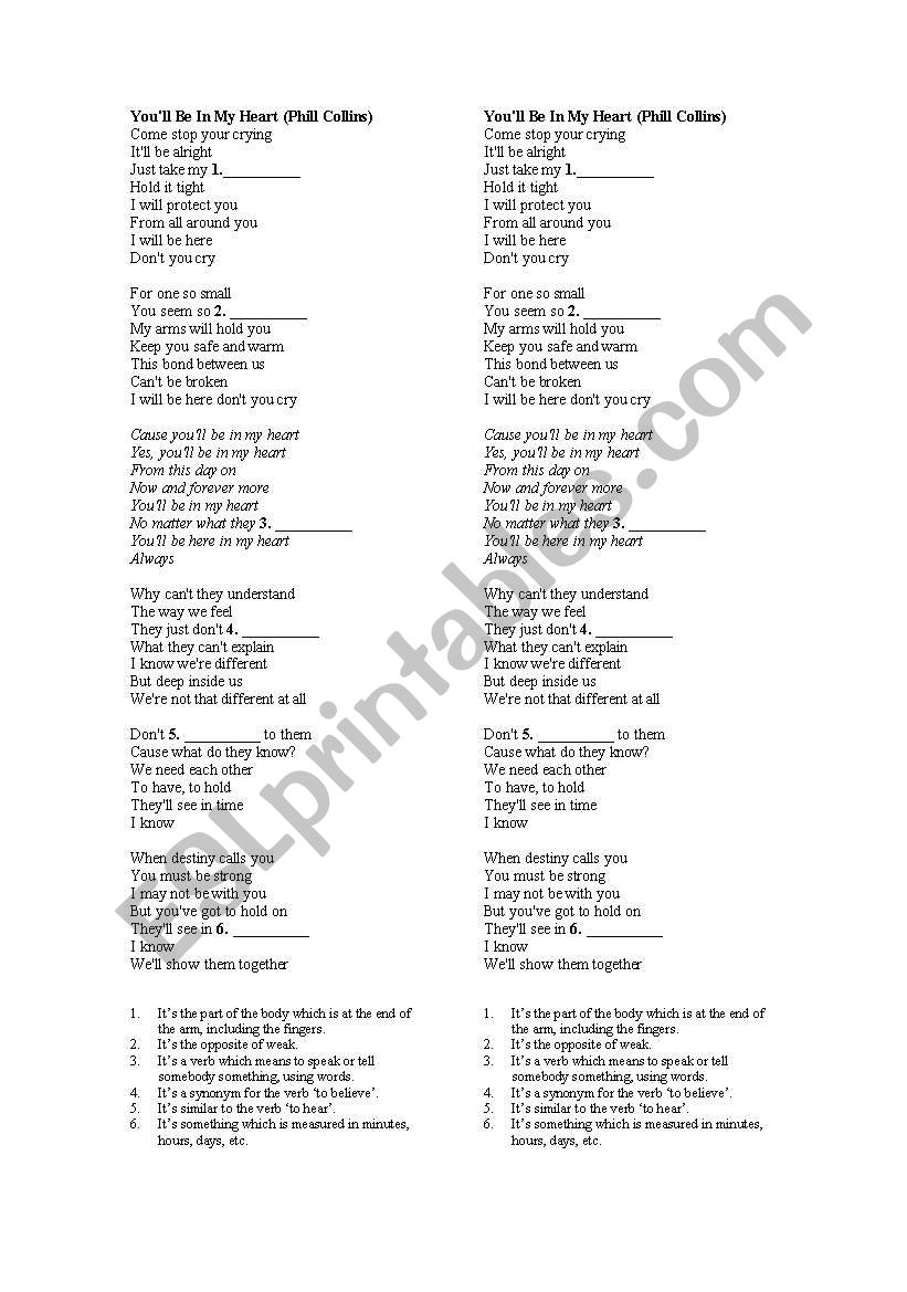 You´ll be in my heart - definitions - ESL worksheet by milla12