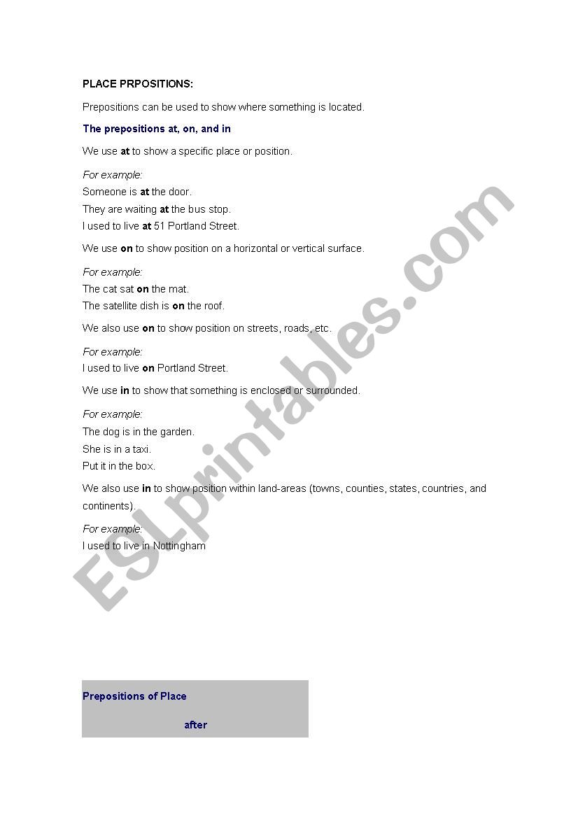 PLACE PREPOSITIONS worksheet