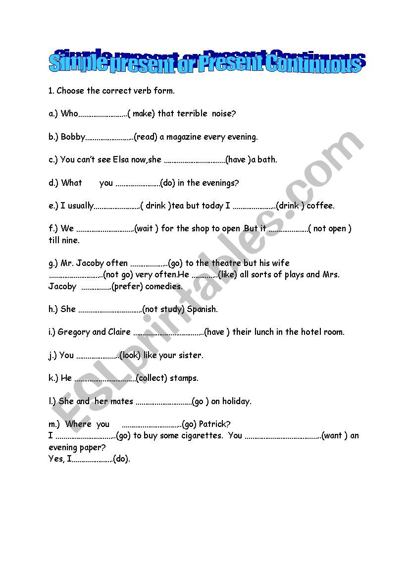 present simple & continuous worksheet