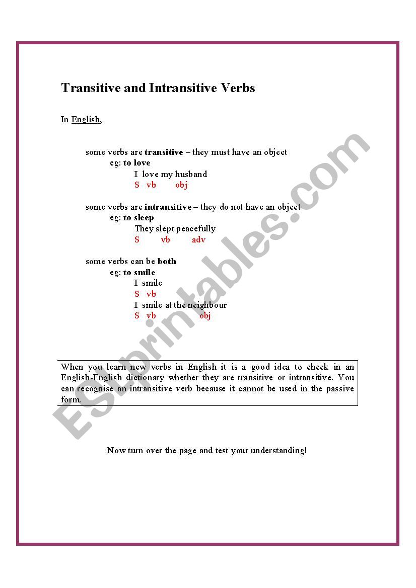 Transitive And Intransitive Verb Worksheet