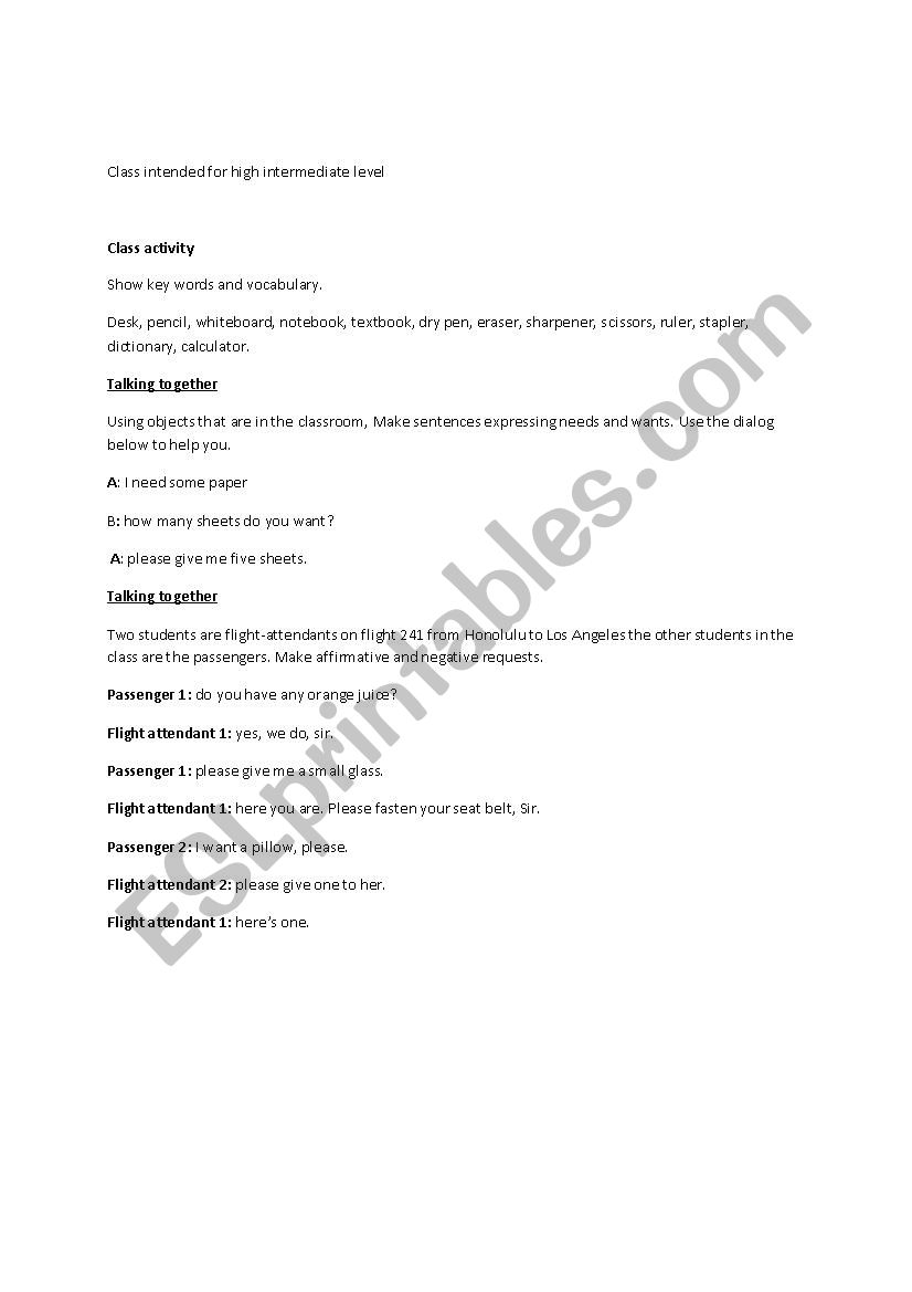 class activity worksheet