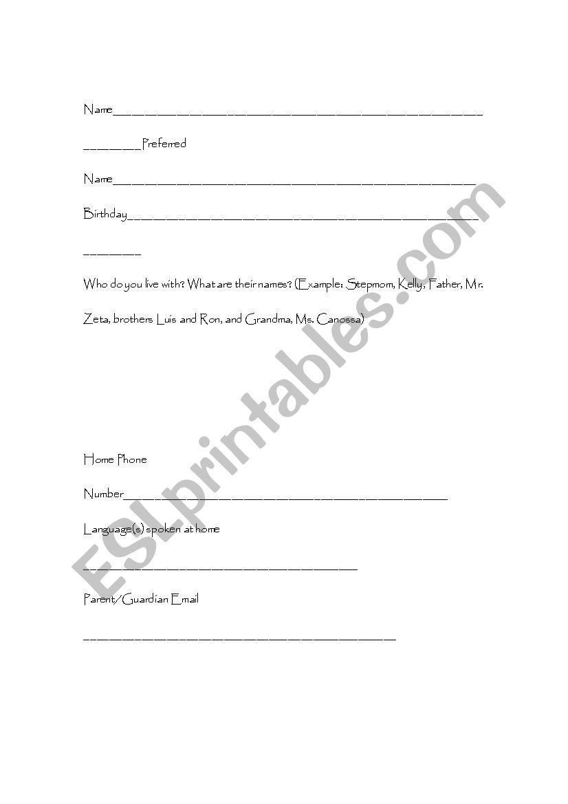 Student Survey worksheet