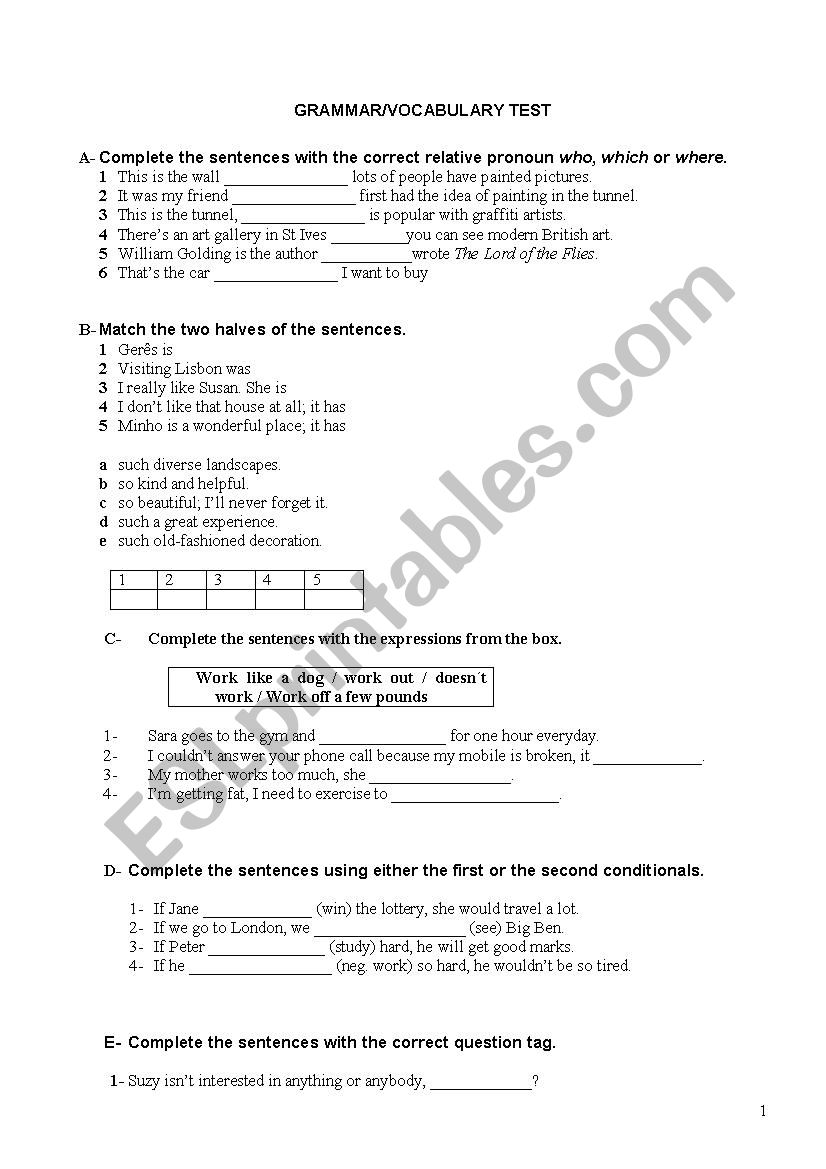 Test 9th form worksheet