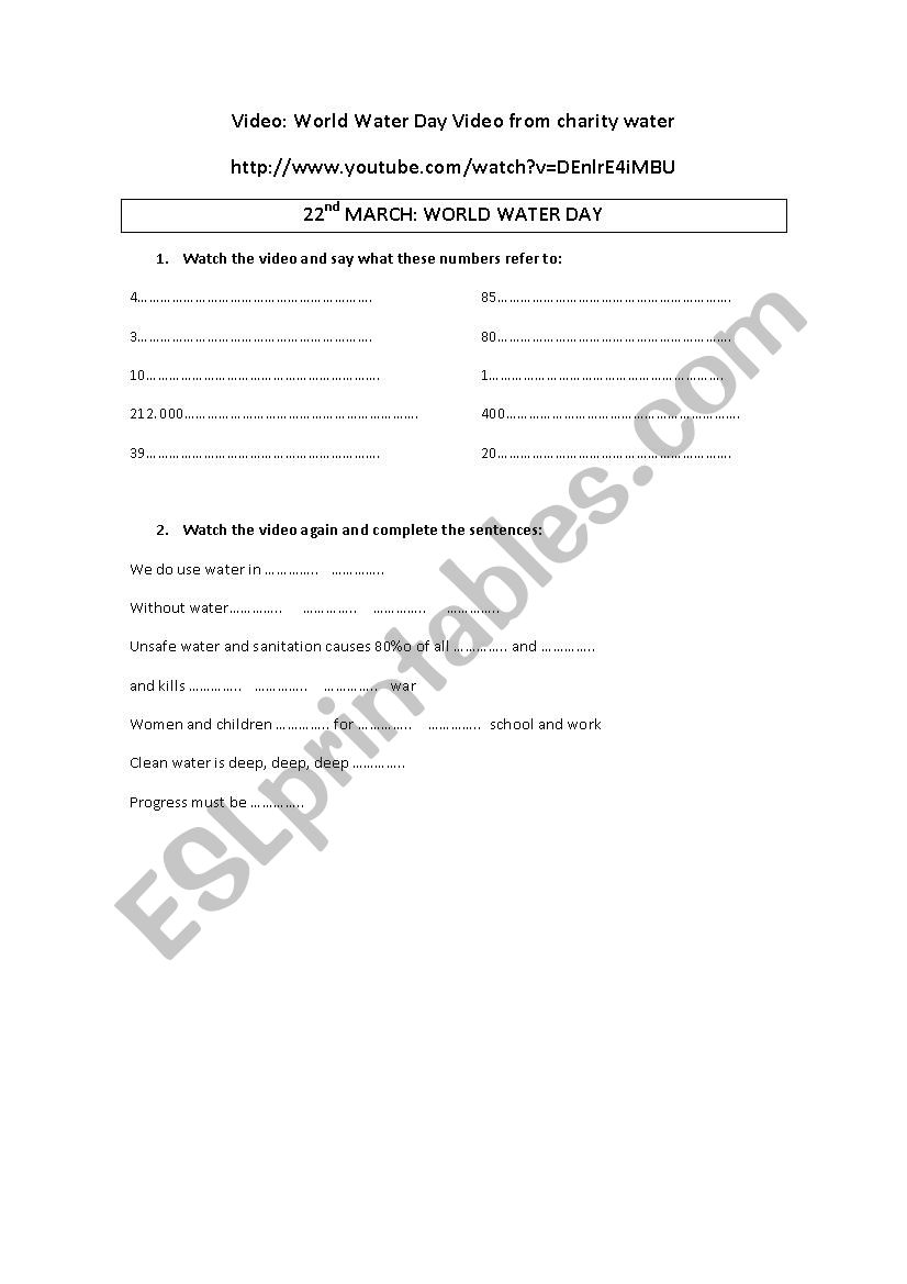 22n March: WATER DAY worksheet