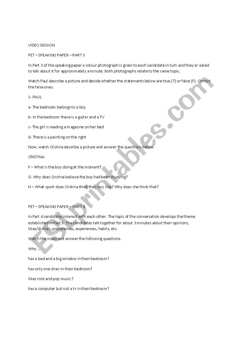 PET - SPEAKING PAPER worksheet
