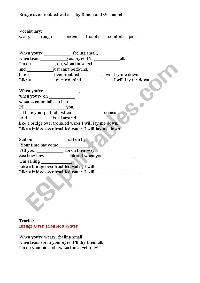 Bridge over troubled water worksheet