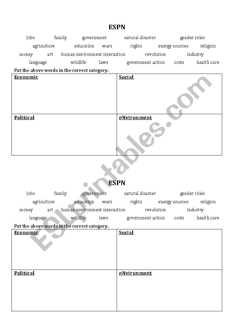 ESPN Categories worksheet