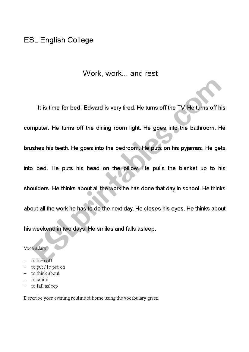 Work work and rest worksheet