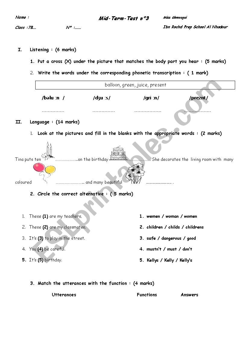 7th form test  worksheet