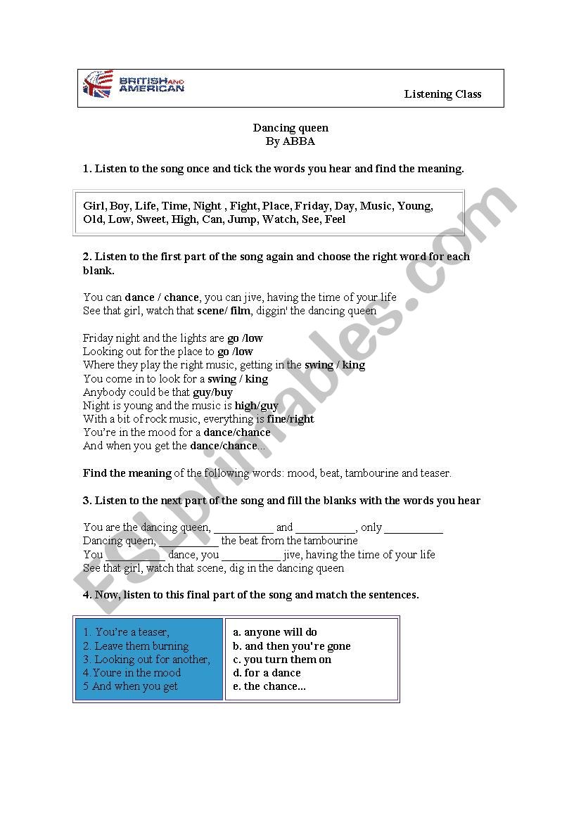 Dancing queen worksheet