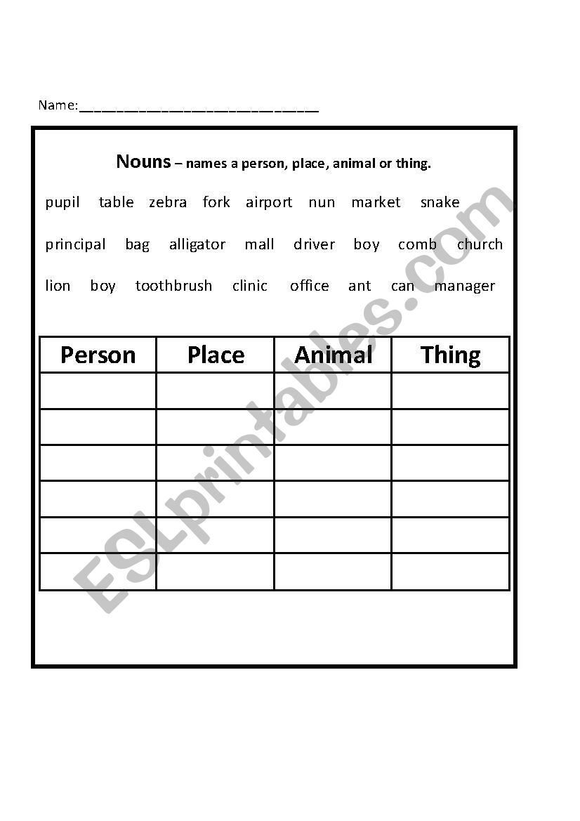 Noun Classification ESL Worksheet By Calay2011