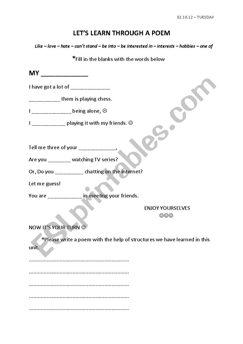 Interests - Be into + Ving worksheet